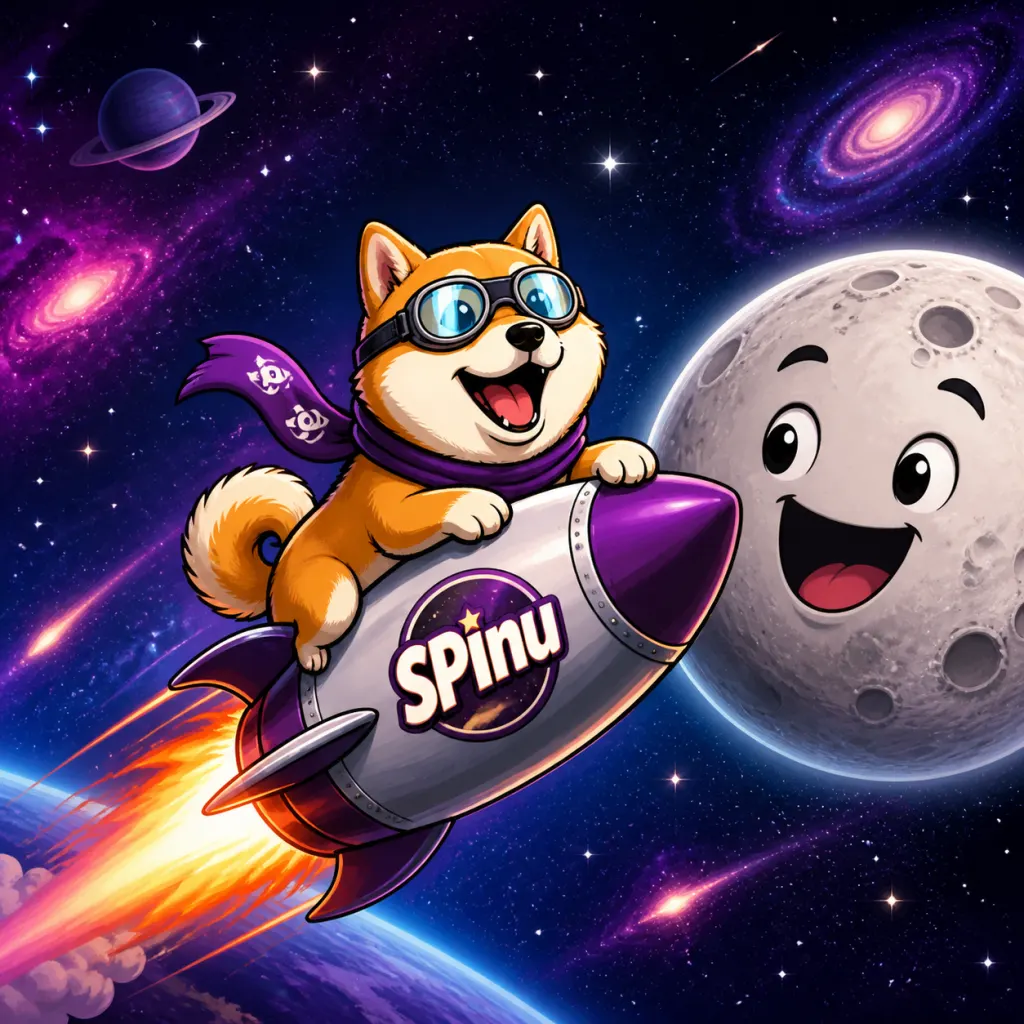 Cartoon SPInu riding a purple rocket past a smiling moon